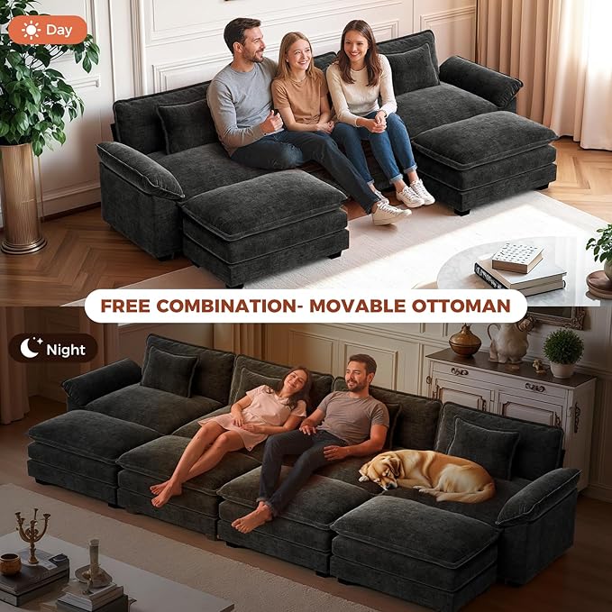 CDCASA 86 Modular Sectional Sofa Comfy Cloud Couch with 2 Movable Ottoman 4-Seater Chenille Deep Seat Sofa Bed Modern Sofa Couch for Living Room DIY Combination Black