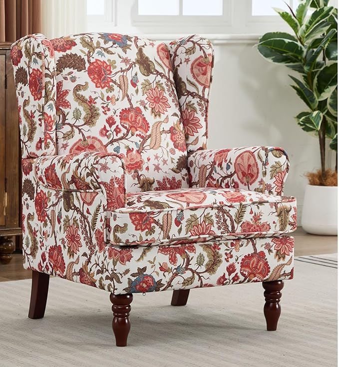 Anwick Modern Floral Accent Chair Upholstered Armchair Wingback Chair with Wooden Legs Single Sofa Reading Chair Accent Chairs for Living Room Bedroom Office (Red)