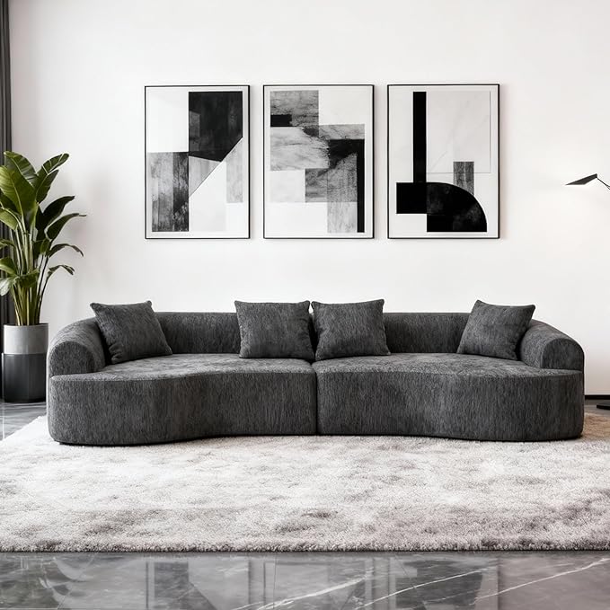 Oversized Sectional Boneless Sofa for Living Room 106 Modern Luxury Chenille Sofa 4-Seater Extra Deep &amp Wide Seat Curved Cloud Couch with 4 Throw Pillows Grey