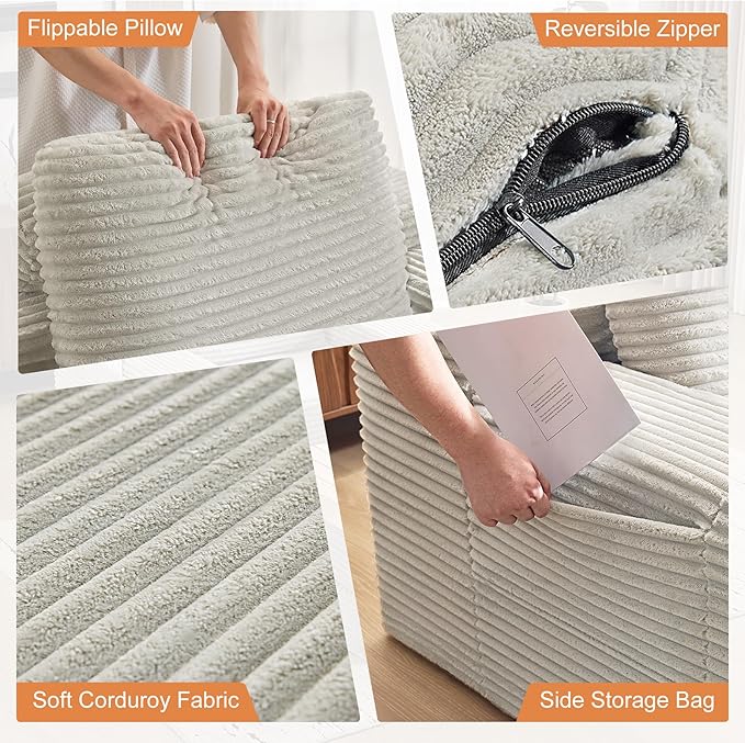 72.8 Convertible Chaise Lounge Sofa Bed Corduroy Sleeper Boneless Couch with Removable Pillow &amp Movable Table Tray Deep Seat No-Assembly Sofa for Living Room Bedroom Apartment Grey