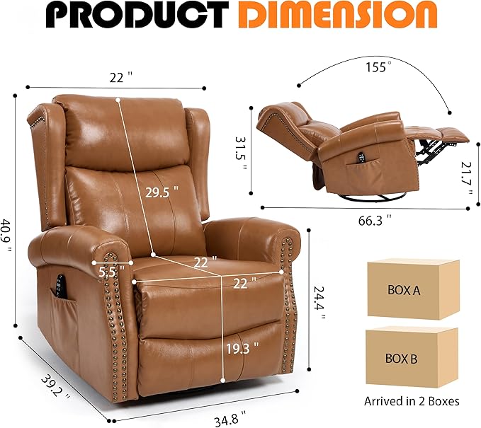 Manual Rocker Swivel Recliner Chair for Adults Vibration Massage Reclining Glider Chair with Lumbar Heat Rivet Design Single Sofa for Living Room Genuine Leather Yellow Brown
