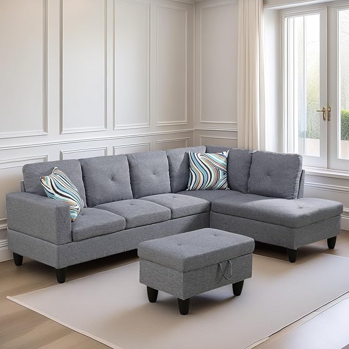 FONTOI L Shaped Sectional Couch Sofa Modern Couches for Living Room Comfy 4 Seat Modular Sectional Sofa with Ottoman Storage for Bedroom Apartment Gray