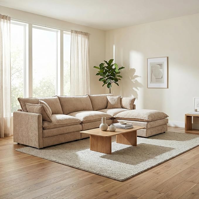 Homy Casa 102 Inch L Shaped Couch Set3-Seat Sectional Sofa with Chaise Comfortable Chenille Fabric Removable Cushions Ottoman DIY CombinationModern Design for Living/Family Room (Coffee)