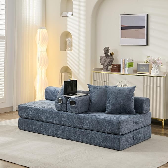 3 in 1 Convertible Futon Sofa Bed Modern King Size Chenille Loveseat Sleeper Sofa Folding 3-Seater Foldable Lounger Couch Bed for Living Room Bedroom Guest Room (Blue 3 Throw Pillows)