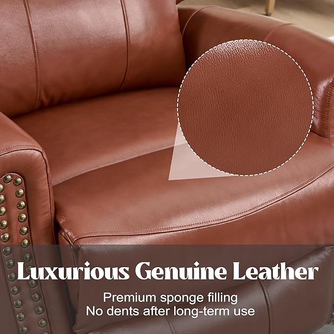 Manual Rocker Swivel Recliner Chair for Adults Vibration Massage Reclining Glider Chair with Lumbar Heat Rivet Design Single Sofa for Living Room Genuine Leather Red Brown