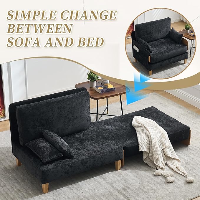 TTK 3-in-1 Foldable Sofa Bed Recliner Sleeper Mid-Century Modern Convertible Sofa Chair with 3 Pillows Space-Saving Design for Small Spaces Bedroom Study &amp Guest Room Black