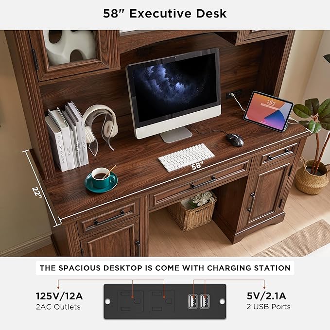 JXQTLINGMU Farmhouse 76 Height Computer Desk with Hutch Office Desk with Charging Station Drawers and Storage Cabinet Workstation for Office Home Brown