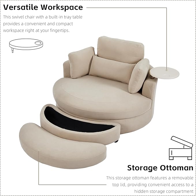 DEINPPA Swivel Accent Chair with Armrest Tray Round Barrel Chairs with Ottoman for Living Room Bedroom-Corduroy Fabric-Beige
