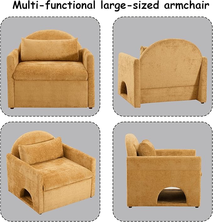 Single Sofa ChairModern Chenille ArmchairLounge Chair with Cat DedYellow Chairs for Living Room BedroomRemovable Washable Covers