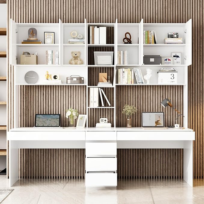 2 Person Computer Desk with 6 Drawers &amp Doors 94.5” Large Double Office Desk with Bookshelves &amp Hutch Long Writing Table White 94.5”W x 23.6”D x 86.6”H