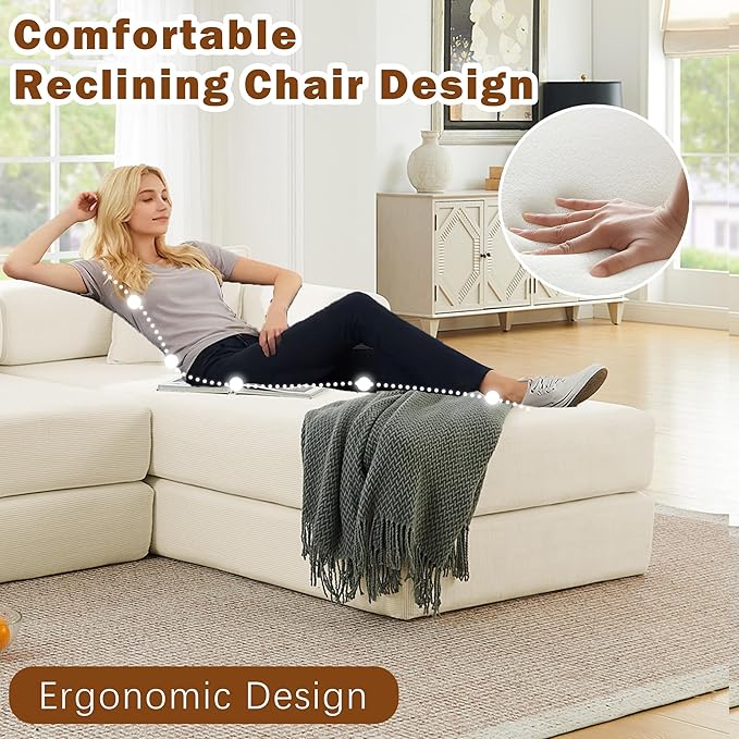 108 W Corduroy Modular Cloud Couch with Fixed-Shape Frame Oversized L-Shaped Sectional Sleeper Sofa Bed with Pull Out Bed No Assembly Modern Floor Boneless Couch for Living Room (Beige)