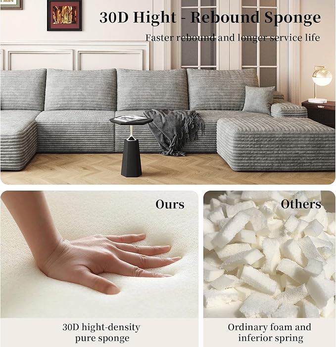 135.4 U Shaped Sofa Large Cloud Modular Sectional Couch with Ottoman for Living Room Minimalist Upholstered CouchesDeep Seat Corner CouchNo Assembly Required (GreyLeft Facing Chaise)