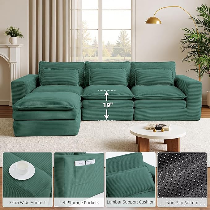 109 Sectional Couches Boneless Modular Sofa for Living Room with Ottoman | No Assembly Required Sofa Bed L shaped Couch | Corduroy Deep Seat Couch with Double Layer Cushion &amp Removable Cover | Gr