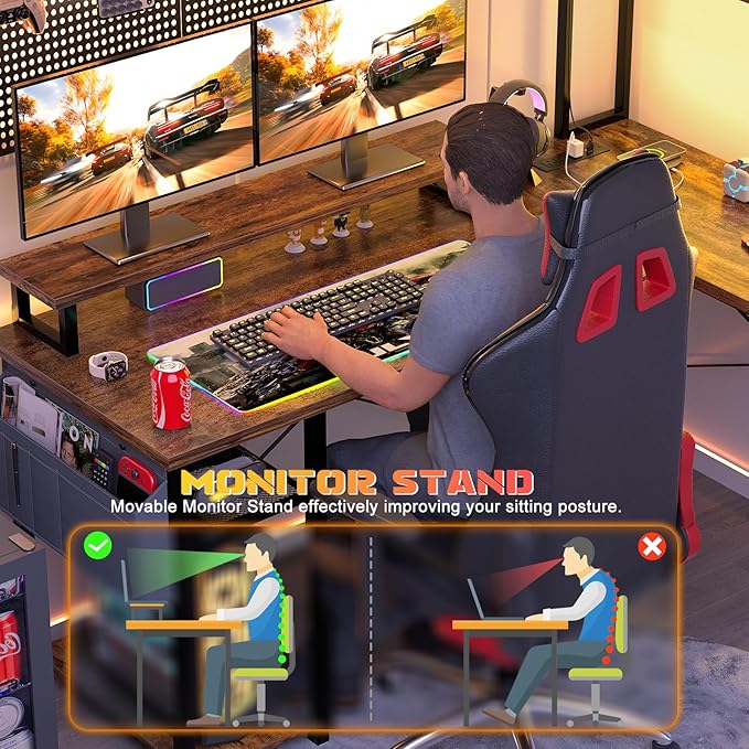 Aheaplus Small L Shaped Gaming Desk with LED Lights &amp Power Outlets Reversible L-Shaped Computer Desk with Monitor Stand &amp Storage Shelf Corner Desks Home Office Desk with Storage Bag Rusti
