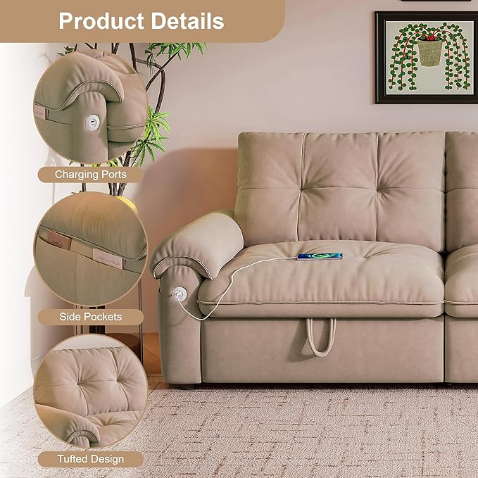Sleeper Sofa Bed Queen Size Sofa Bed Convertible Pull Out Couch with Adjustable Backrest USB Port and Side Pockets Modern 2 Seater Small Couches for Living Room Space-Saving