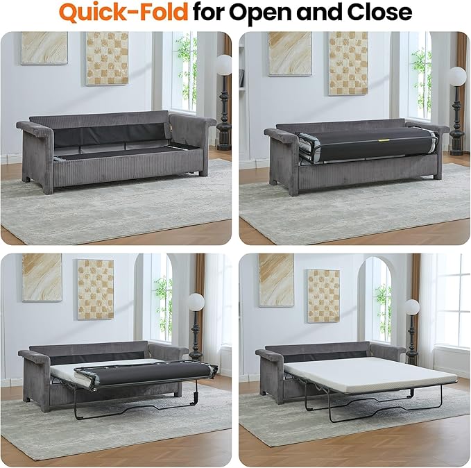 Full Size Sleeper Sofa Bed Pull Out Couch with Queen Size Memory Foam Mattress 2-in-1 Convertible Corduroy Loveseat Sleeper for Small Apartment USB Charging (Gray)