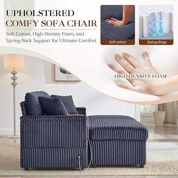68 Cloud Loveseat with Ottoman Set USB Ports &amp Storage Wooden Side Table Comfy Plush Corduroy Upholstered Love Seat Modern Oversized Deep Seated Grey Sectional for Living Room Grey