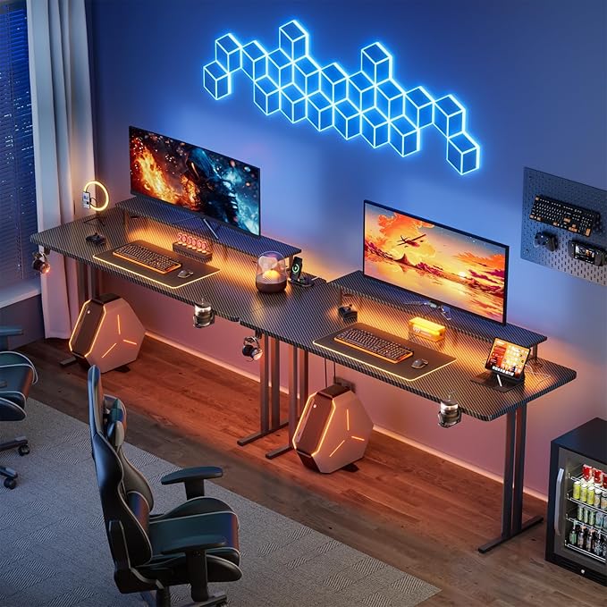HLDIRECT 63 Inch Gaming Desk with 5 Sockets &amp LED Lights Computer Gamer Desk with Monitor Stand Ergonomic Carbon Fiber Gaming Table Home Office Desk with Cup Holder Headphone Hook &amp Mouse P
