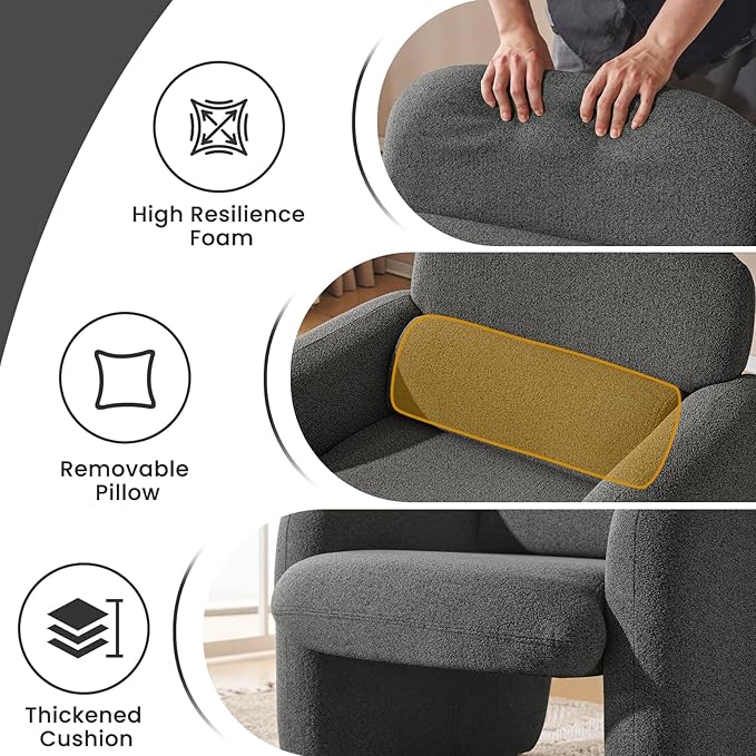 Furniliving 30.5 Accent Chairs Chenille Fabric Living Room Chair Comfy Upholstered Armchair Single Sofa Chair with a Waist Pillow for Bedroom/Office/Reading Spaces Dark Grey