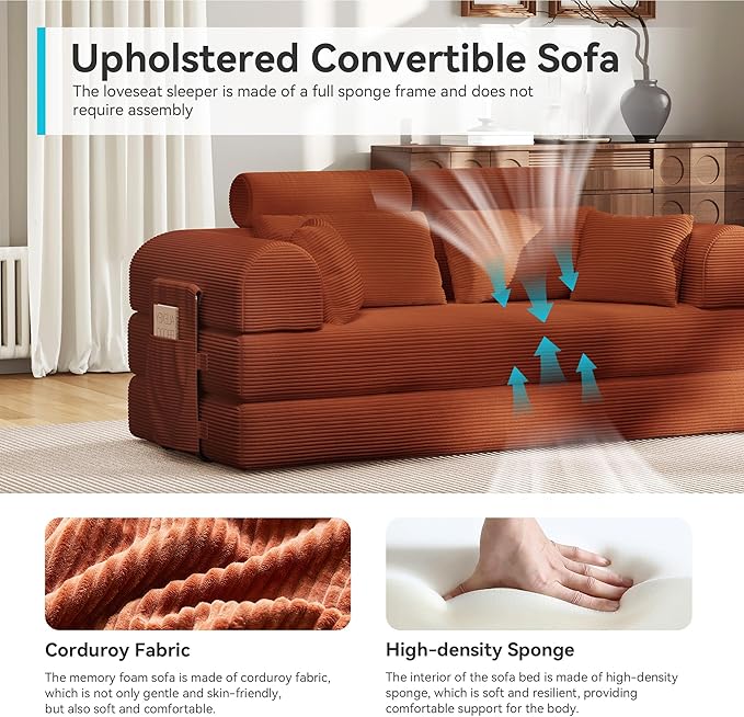 Upgrade High Backrest Design Sofa Bed with Fixed-Shape Frame &amp Removable Armrests and Backrest Corduroy Fabric Convertible Mattress Couch for Small Spaces - No Assembly Needed (High Backrest Ora