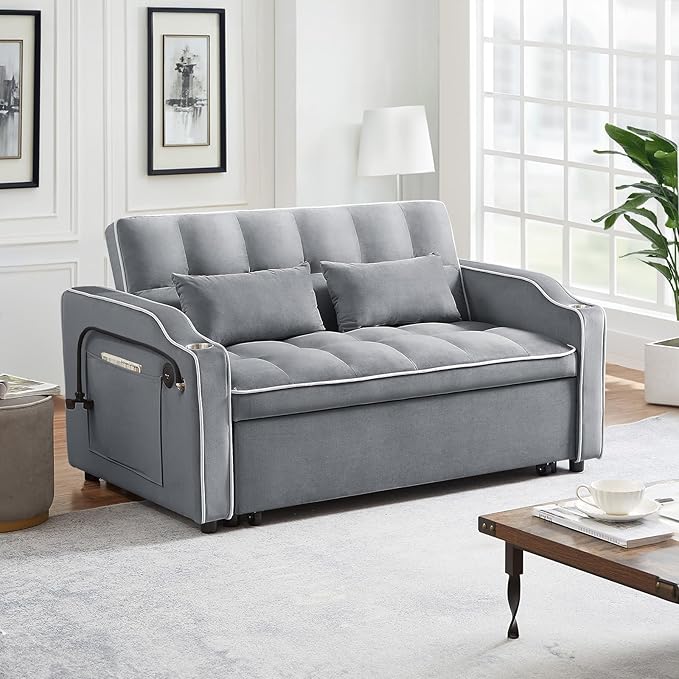 Pull Out Sofa Bed with Phone Holder Convertible Velvet Loveseat Sleeper with 2 USB Charging Ports Modern Futon Couch with Cup Holders and Adjustable Backrest Love Seat for Living Room Light Grey