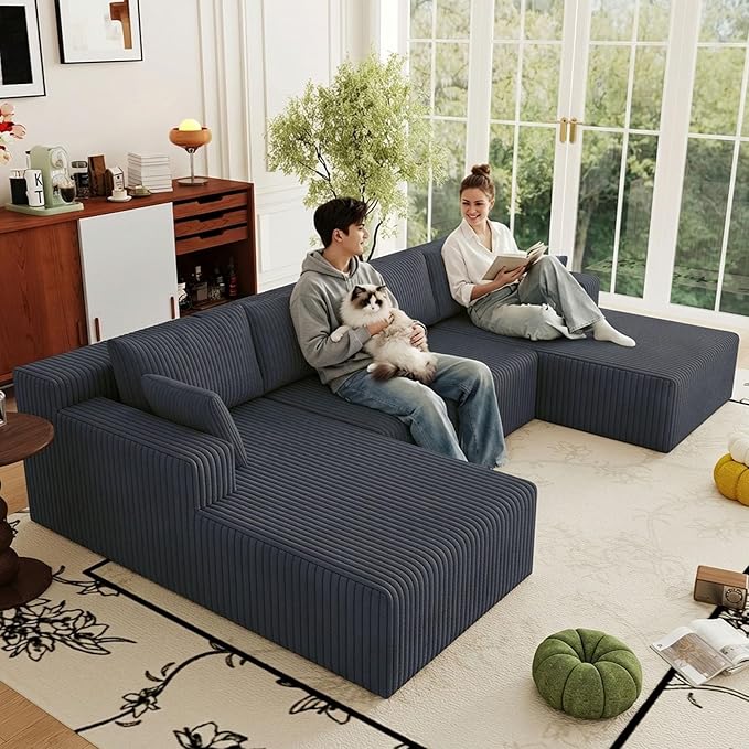 124 Corduroy U-Shaped Sectional Sofa Modern Modular Boneless 4-Seater Couch with 6 Pillows Upholstered Deep Seat DIY Cloud Sofa for Living Room No Assembly Required (Dark Grey)