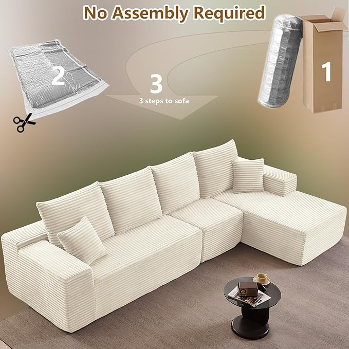 135 Cloud Sectional Couch with L-Shape Chaise Modern Modular Comfy Sofa Chaise Longue Upholstered Corduroy Couches Sleeper with Deep Seat for Living Room Bedroom No Assembly Required White