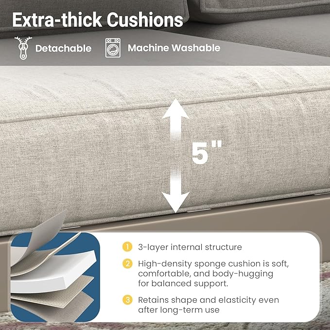 75 All-Weather Sofa Bed with Heavy-Duty Frame Stylish Sofa Bed with Water-Repellent Olefin Comfort 3-Seater Sofa with High-Density Foam for Patio Balcony Light Khaki+Beige
