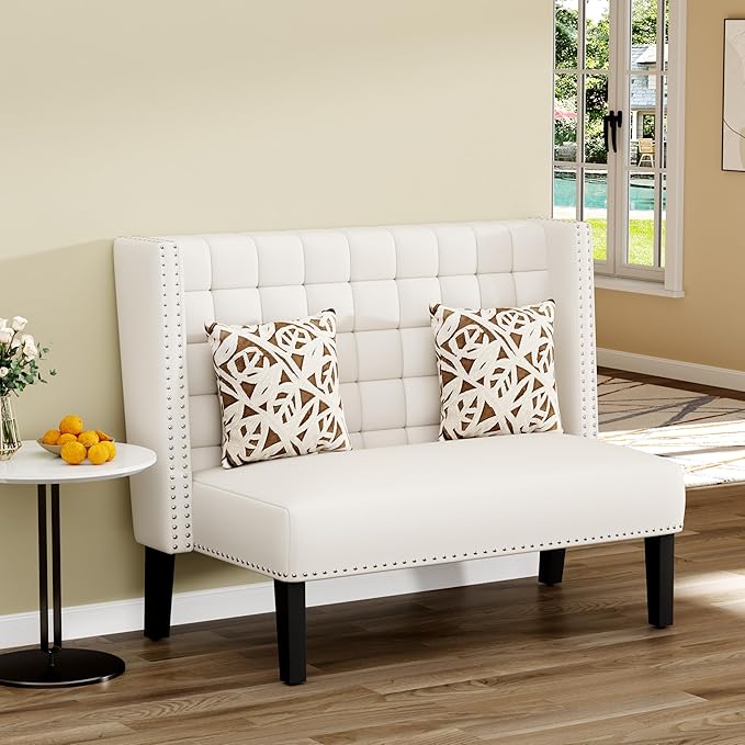 Yongqiang Modern Tufted Loveseat Settee White Faux Leather Upholstered Bench with Back for Kitchen Dining Room Living Room High Back Banquette Seating Sofa Couch with Wood Legs