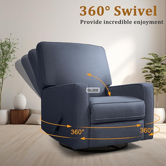 Swivel Rocker Recliner Chair for Adults High Back Fabric Recliner with Deep Seat Manual Glider for Living Room &amp Nursery Blue