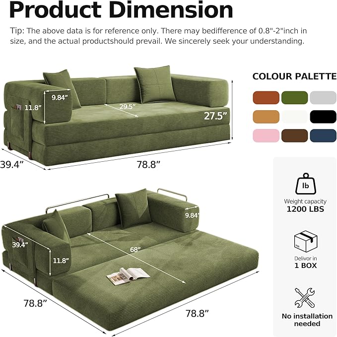 78.8 Boneless Sleeper Sofa BedConvertible Futon Couch with Storage Pocket and 2 PillowsModular Corduroy Sofa for livingroomSmall speaceGreen