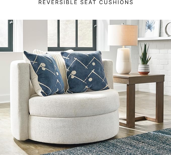 Signature Design by Ashley Padova Transitional Upholstered Swivel Accent Chair Reversible Seat Cushion 3 Complimentary Accent Pillows 360-Degree Swivel Ivory Fabric