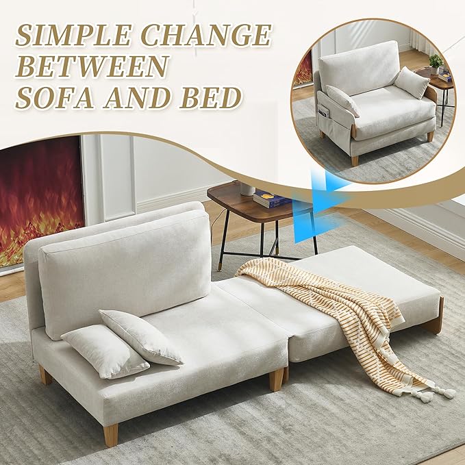 TTK 3-in-1 Foldable Sofa Bed Recliner Sleeper Mid-Century Modern Convertible Sofa Chair with 3 Pillows Space-Saving Design for Small Spaces Bedroom Study &amp Guest Room Beige