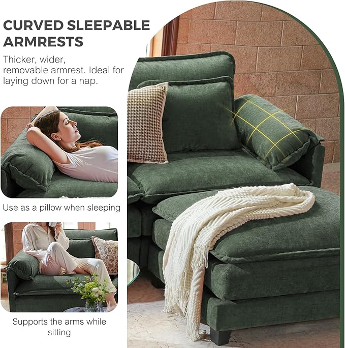 ELUCHANG Oversized 153 Modular Sectional Sofa Comfy Cloud Couch L Shaped Deep Seat Sofa Couches for Living Room 5-Seater Modern Sofa with Movable Ottoman DIY Combination - Chenille Green