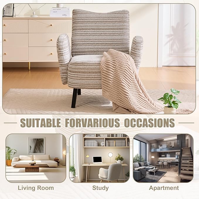 Modern Upholstered Armchair with Side Storage Pocket Fabric Reading Chair with Solid Wood Legs Ergonomic Accent Chair for Living Room Bedroom &amp Office (Khaki)