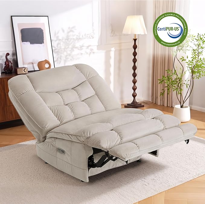 MCombo Dual Motor Oversized Power Recliner Chair 38.2'' Large Wide Seat Rocker Recliner with LED Lighting USB Ports Perfect for Living Room Office and Home Theater Fabric PR607 (Beige)