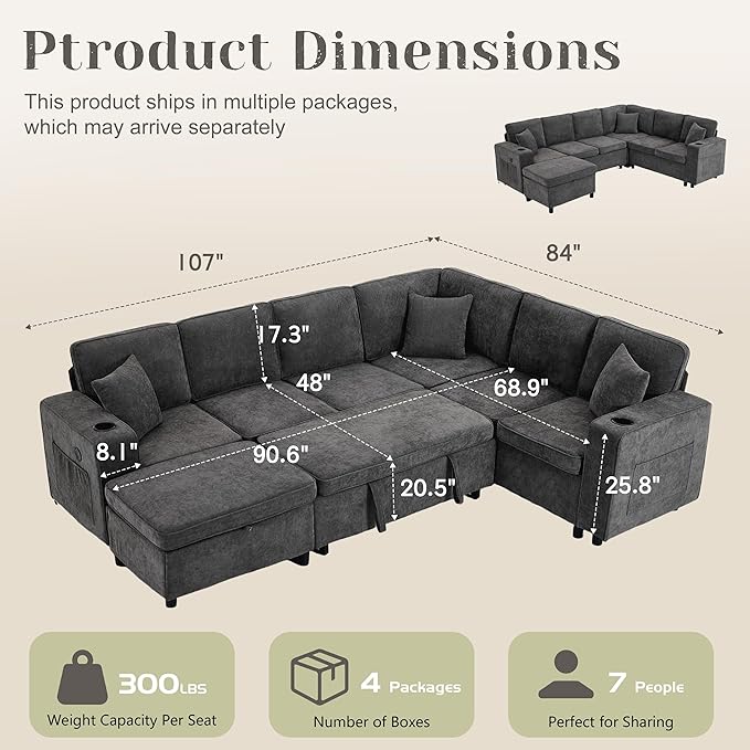 107 Inch Sectional Sleeper Sofa with Pull Out Bed 7 Seat U Shaped Modular Sectional Sofa with Storage Ottoman USB Port &amp 6 Pillows Sectional Couches for Living Room &amp Apartment Modular Cou