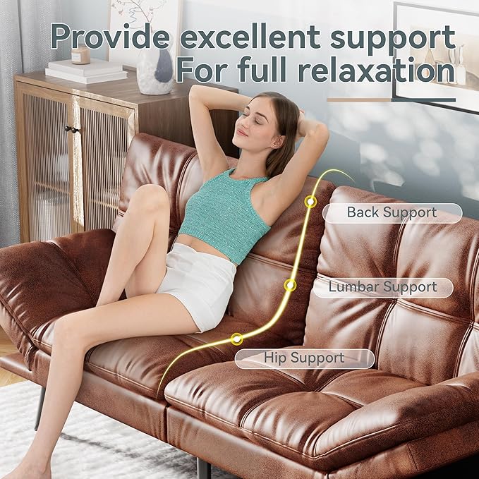 Vyfipt Convertible Futon Sofa Bed Brown Faux Leather Futon Couch with Adjustable Backrest &amp Armrests Folding Small Recliner Sleeper Sofa Bed for Living Room Apartment Office
