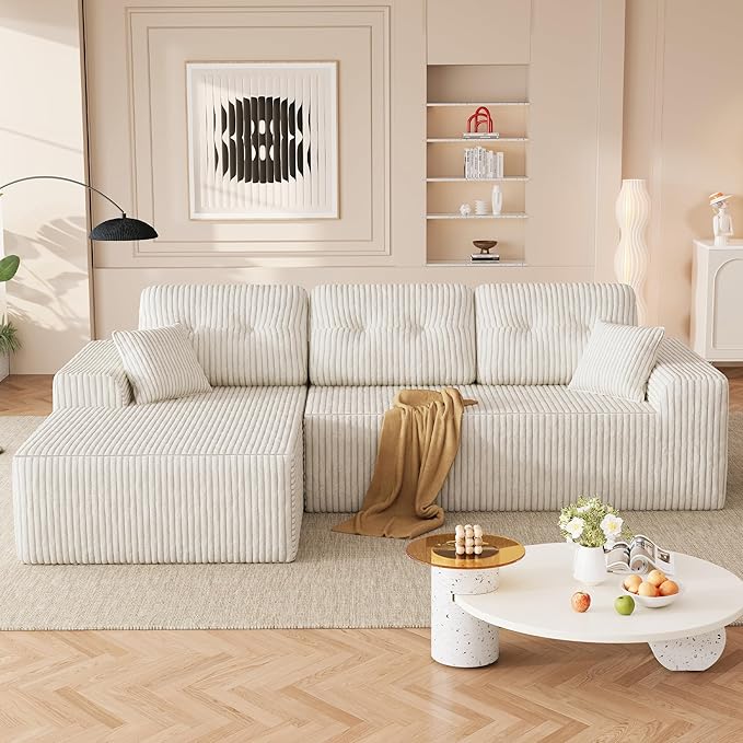 Ball &amp Cast 106 Boneless Sectional Sofa Corduroy Modular L Shaped Couch with Deep Seat Chaise Cloud Style Oversized Sectional Couch for Living Room No Assembly Left Facing Beige