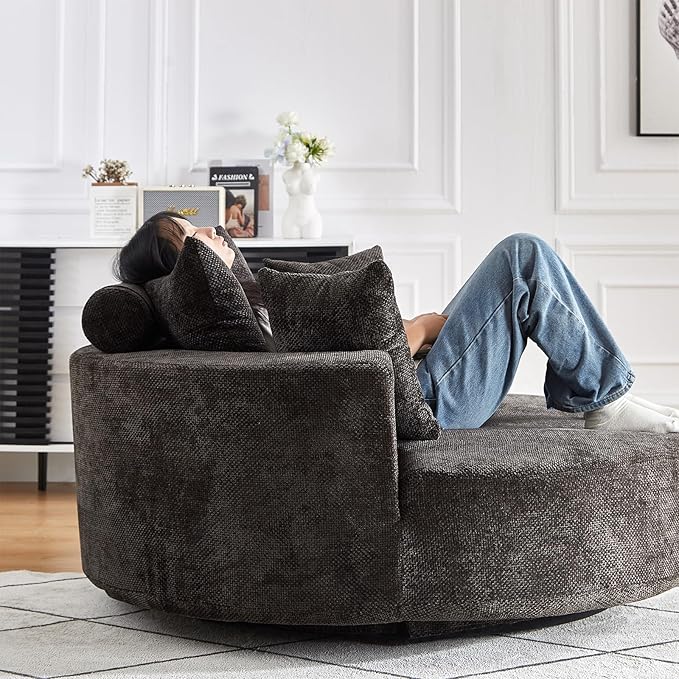 55 inch 360° Swivel Accent Chair Chaise Lounge Chair Indoor Oversized Round Swivel Accent Chair Modern Chenille Single Sofa Chair Deep Seat Chair for Living Room Bedroom Apartment Black