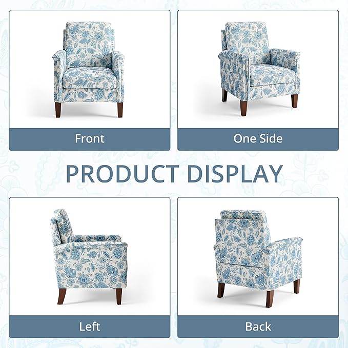 Accent Chair Set of 2 Modern Floral High Back Upholstered Armchair with Solid Legs for Living Room Spring-Padded Cushion and Removable Back Cushion Bedroom Reading Single Sofa Chair Blue