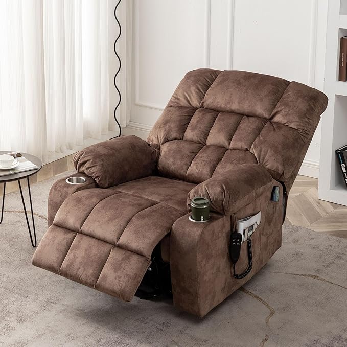 Oversized Power Lift Recliner Chair for Adult Elderly Dual Motor Lay Flat Electric Recliner with Massage &amp Heat 25.5 Wide Seat Big Tall Recliners for Living Room Velvet Brown