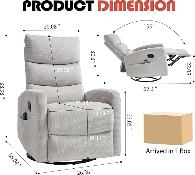 Manual Swivel Rocker Recliner Chair for Adults Overstuffed Reclining Glider Chair for Nursing with Vibration Massage &amp Heat Living Room Rocking Recliner 3-Stage backrest Chenille Fabric Light G