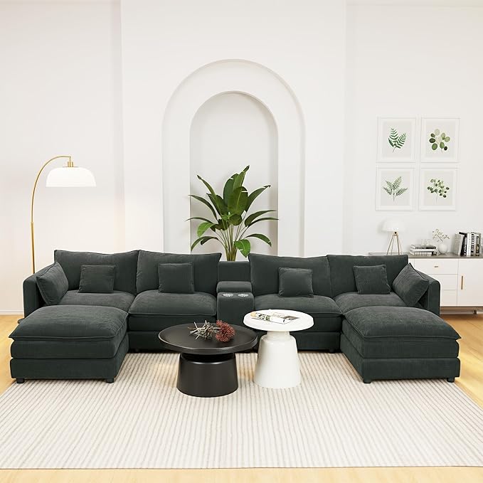 144 U Shaped CouchModular Sectional SofaCloud Couch with Ottoman6 Seater ConvertibleChenille FabricConsole &amp Cup HoldersSofa for Living RoomApartment (Dark Grey)