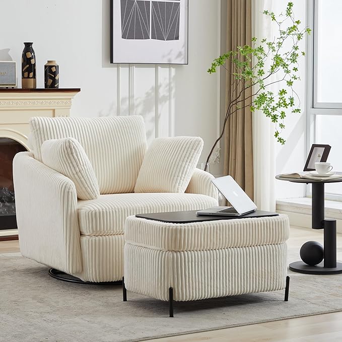 Aoiy &amp Wifon 40.55 W Oversized Swivel Chair with Ottoman Swivel Accent Chair with Ottoman for Living Room Corduroy Ivory