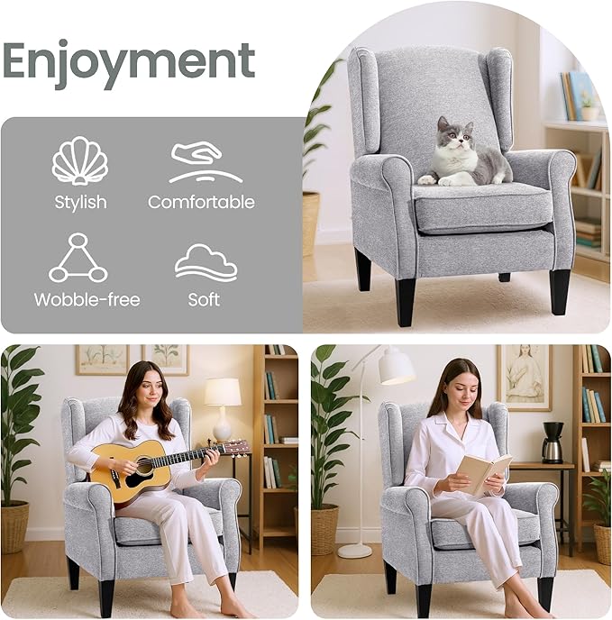 Accent Chair Set of 4 Modern Living Room Chairs with Wingback Comfy Upholstered High Back Single Sofa for Bedroom Mid-Century Reading Armchair Sillas para Sala