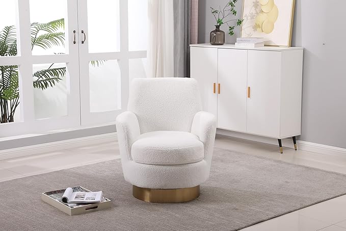 Swivel Accent Chair Modern Teddy American Design Swivel Round Barrel Chairs Upholstered Cozy Style for Living Room Bedroom Home Office (Teddy Ivory 1 Pack)