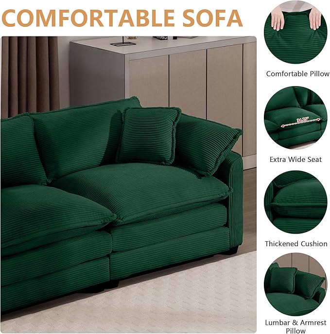 mikibama Luxury 2 Piece Sofa Set 3-Seater &amp Loveseat Couch Set Modern Corduroy Comfy Cloud Couches Set for Living Room Office with 4 Armrest Pillows and 5 Toss Pillows Green