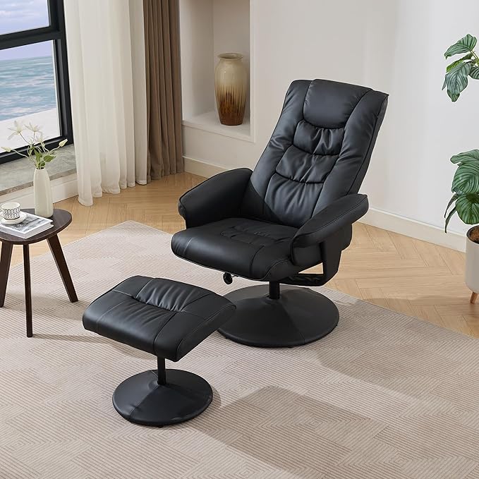 Recliner Chair with Ottoman - 360° Swivel Massage Lounge Chair with 5-Point Vibration and Heated Seat 140° Adjustable PU Leather Recliner for Living Room Home Theater or Office (Black)