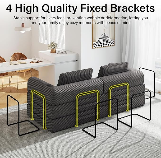 78'' Sleeper Couch Bed for Living Room Convertible Modular Sofa with Fixed Frame &amp Side Pocket Corduroy Futon Boneless Couches in a Box No Assembly Gray